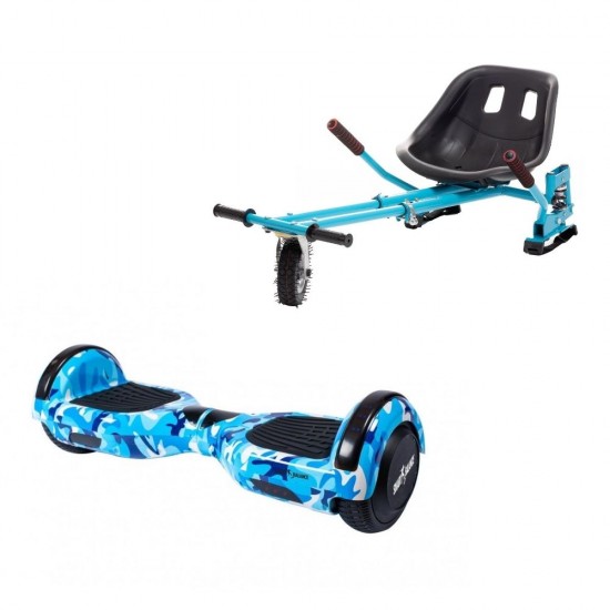 Set Hoverboard cu Scaun, Hoverkart Albastru cu Suspensii Duble, Boxe Bluetooth, Lumini LED si Auto Balans, roti 6.5'', 15km Autonomie, Putere 700W, Baterie 4Ah Samsung Cell, Smart Balance Regular Camouflage Blue