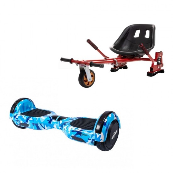 Set Hoverboard cu Scaun, Hoverkart Rosu cu Suspensii Duble, Boxe Bluetooth, Lumini LED si Auto Balans, roti 6.5'', 15km Autonomie, Putere 700W, Baterie 4Ah Samsung Cell, Smart Balance Regular Camouflage Blue