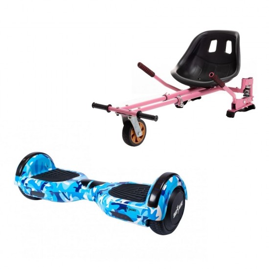 Set Hoverboard cu Scaun, Hoverkart Roz cu Suspensii Duble, Boxe Bluetooth, Lumini LED si Auto Balans, roti 6.5'', 15km Autonomie, Putere 700W, Baterie 4Ah Samsung Cell, Smart Balance Regular Camouflage Blue