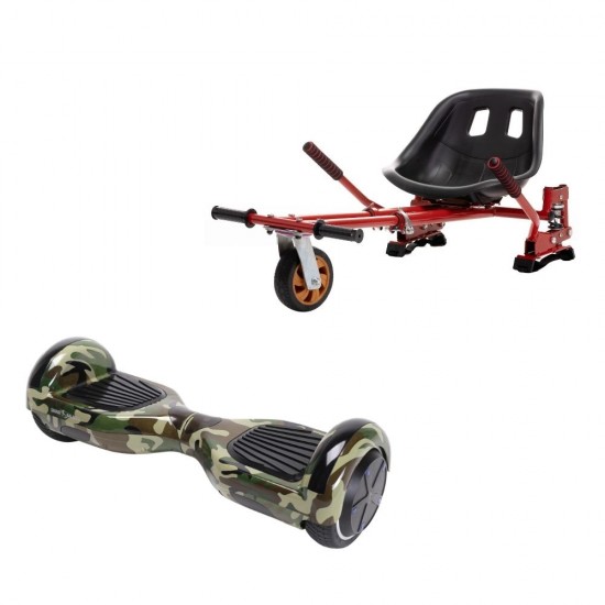 Set Hoverboard cu Scaun, Hoverkart Rosu cu Suspensii Duble, Boxe Bluetooth, Lumini LED si Auto Balans, roti 6.5'', 15km Autonomie, Putere 700W, Baterie 4Ah Samsung Cell, Smart Balance Regular Camouflage Green