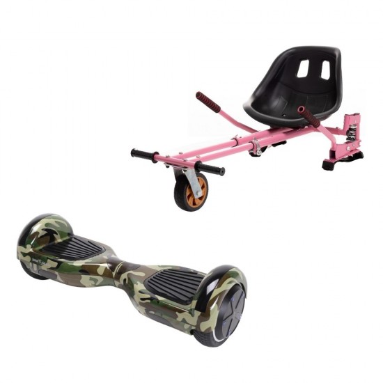 Set Hoverboard cu Scaun, Hoverkart Roz cu Suspensii Duble, Boxe Bluetooth, Lumini LED si Auto Balans, roti 6.5'', 15km Autonomie, Putere 700W, Baterie 4Ah Samsung Cell, Smart Balance Regular Camouflage Green