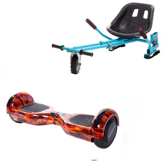 Set Hoverboard cu Scaun, Hoverkart Albastru cu Suspensii Duble, Boxe Bluetooth, Lumini LED si Auto Balans, roti 6.5'', 15km Autonomie, Putere 700W, Baterie 4Ah Samsung Cell, Smart Balance Regular Flame