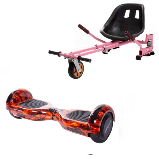 Set Hoverboard cu Scaun, Hoverkart Roz cu Suspensii Duble, Boxe Bluetooth, Lumini LED si Auto Balans, roti 6.5'', 15km Autonomie, Putere 700W, Baterie 4Ah Samsung Cell, Smart Balance Regular Flame