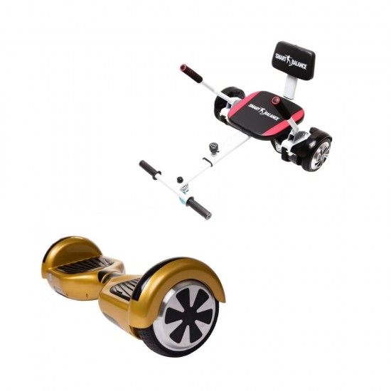 Set Hoverboard cu Scaun, Hoverkart Confort, Boxe Bluetooth, Lumini LED si Auto Balans, roti 6.5'', 15km Autonomie, Putere 700W, Baterie 4Ah Samsung Cell, Smart Balance Regular Gold