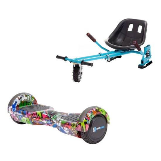 Set Hoverboard cu Scaun, Hoverkart Albastru cu Suspensii Duble, Boxe Bluetooth, Lumini LED si Auto Balans, roti 6.5'', 15km Autonomie, Putere 700W, Baterie 4Ah Samsung Cell, Smart Balance Regular Multicolor cu maner