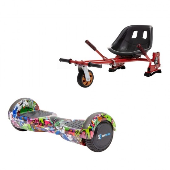 Set Hoverboard cu Scaun, Hoverkart Rosu cu Suspensii Duble, Boxe Bluetooth, Lumini LED si Auto Balans, roti 6.5'', 15km Autonomie, Putere 700W, Baterie 4Ah Samsung Cell, Smart Balance Regular Multicolor cu maner