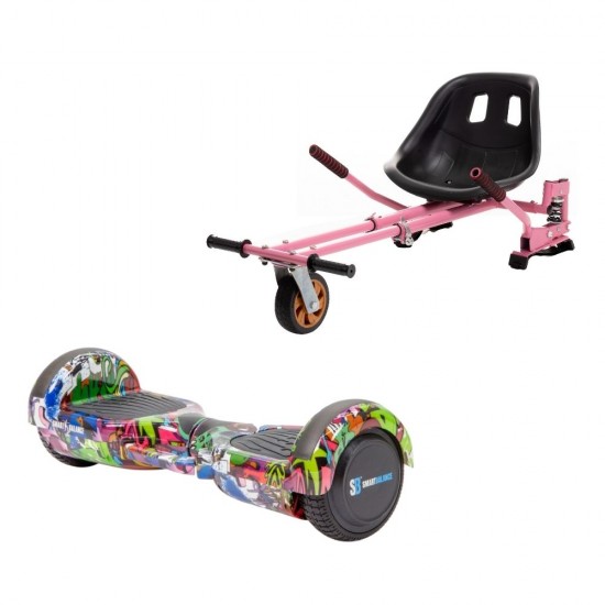 Set Hoverboard cu Scaun, Hoverkart Roz cu Suspensii Duble, Boxe Bluetooth, Lumini LED si Auto Balans, roti 6.5'', 15km Autonomie, Putere 700W, Baterie 4Ah Samsung Cell, Smart Balance Regular Multicolor cu maner