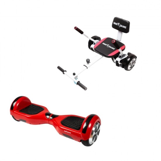 Set Hoverboard cu Scaun, Hoverkart Confort, Boxe Bluetooth, Lumini LED si Auto Balans, roti 6.5'', 15km Autonomie, Putere 700W, Baterie 4Ah Samsung Cell, Smart Balance Regular Red