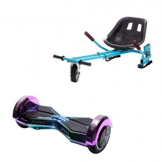 Set Hoverboard cu Scaun, Hoverkart Albastru cu Suspensii Duble, Boxe Bluetooth, Lumini LED si Auto Balans, roti 8'', 15km Autonomie, Putere 700W, Baterie 4Ah Samsung Cell, Smart Balance Transformers Dakota 