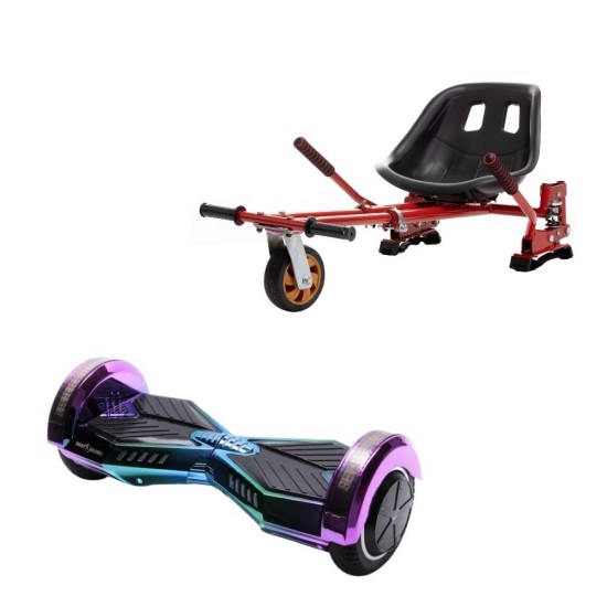 Set Hoverboard cu Scaun, Hoverkart Rosu cu Suspensii Duble, Boxe Bluetooth, Lumini LED si Auto Balans, roti 8'', 15km Autonomie, Putere 700W, Baterie 4Ah Samsung Cell, Smart Balance Transformers Dakota 