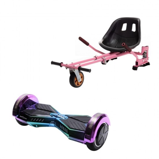 Set Hoverboard cu Scaun, Hoverkart Roz cu Suspensii Duble, Boxe Bluetooth, Lumini LED si Auto Balans, roti 8'', 15km Autonomie, Putere 700W, Baterie 4Ah Samsung Cell, Smart Balance Transformers Dakota 