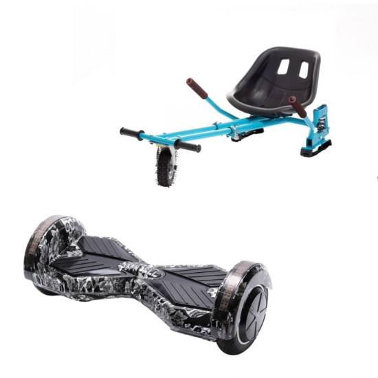 Set Hoverboard cu Scaun, Hoverkart Albastru cu Suspensii Duble, Boxe Bluetooth, Lumini LED si Auto Balans, roti 6.5'', 15km Autonomie, Putere 700W, Baterie 4Ah Samsung Cell, Smart Balance Transformers SkullHead