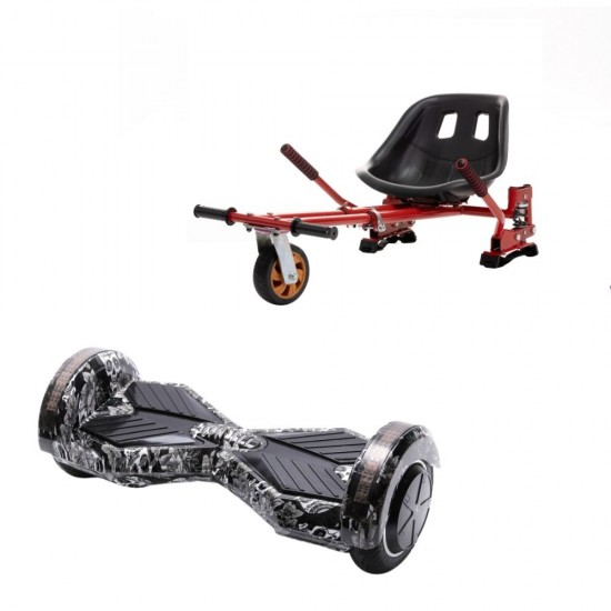 Set Hoverboard cu Scaun, Hoverkart Rosu cu Suspensii Duble, Boxe Bluetooth, Lumini LED si Auto Balans, roti 8'', 15km Autonomie, Putere 700W, Baterie 4Ah Samsung Cell, Smart Balance Transformers SkullHead 