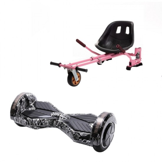 Set Hoverboard cu Scaun, Hoverkart Roz cu Suspensii Duble, Boxe Bluetooth, Lumini LED si Auto Balans, roti 6.5'', 15km Autonomie, Putere 700W, Baterie 4Ah Samsung Cell, Smart Balance Transformers SkullHead