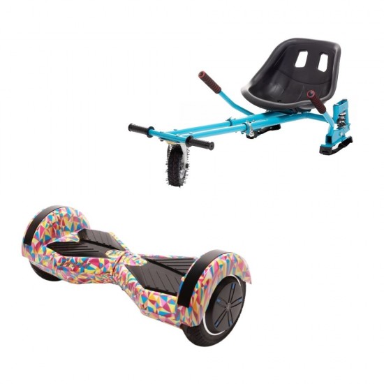 Set Hoverboard cu Scaun, Hoverkart Albastru cu Suspensii Duble, Boxe Bluetooth, Lumini LED si Auto Balans, roti 6.5'', 15km Autonomie, Putere 700W, Baterie 4Ah Samsung Cell, Smart Balance Transformers Abstract