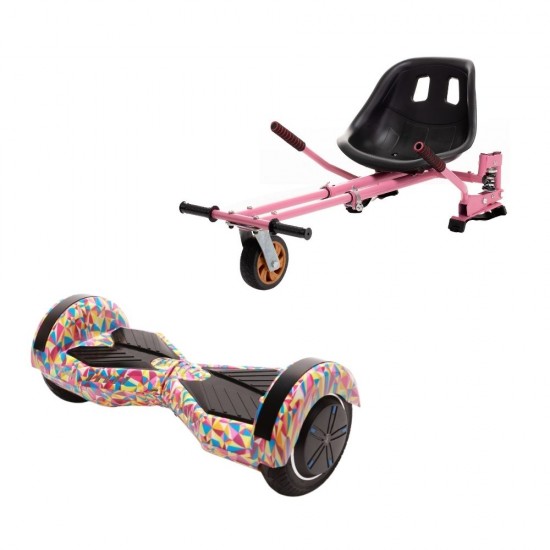 Set Hoverboard cu Scaun, Hoverkart Roz cu Suspensii Duble, Boxe Bluetooth, Lumini LED si Auto Balans, roti 8'', 15km Autonomie, Putere 700W, Baterie 4Ah Samsung Cell, Smart Balance Transformers Abstract 