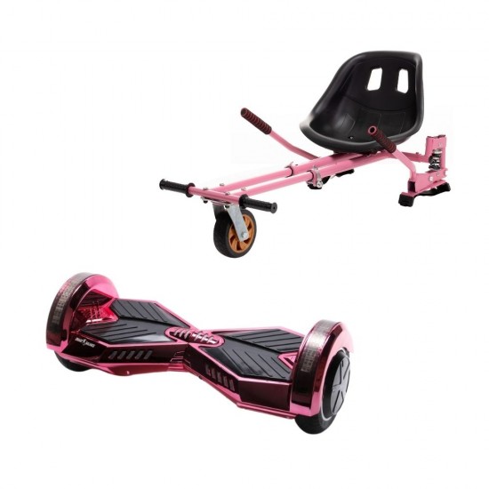 Set Hoverboard cu Scaun, Hoverkart Roz cu Suspensii Duble, Boxe Bluetooth, Lumini LED si Auto Balans, roti 6.5'', 15km Autonomie, Putere 700W, Baterie 4Ah Samsung Cell, Smart Balance Transformers ElectroPink