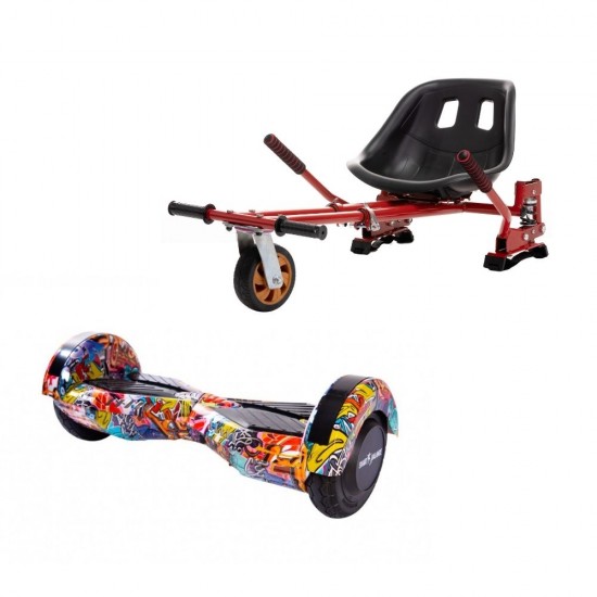 Set Hoverboard cu Scaun, Hoverkart Rosu cu Suspensii Duble, Boxe Bluetooth, Lumini LED si Auto Balans, roti 6.5'', 15km Autonomie, Putere 700W, Baterie 4Ah Samsung Cell, Smart Balance Transformers HipHop Orange