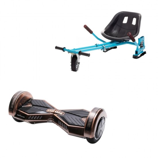 Set Hoverboard cu Scaun, Hoverkart Albastru cu Suspensii Duble, Boxe Bluetooth, Lumini LED si Auto Balans, roti 6.5'', 15km Autonomie, Putere 700W, Baterie 4Ah Samsung Cell, Smart Balance Transformers Iron