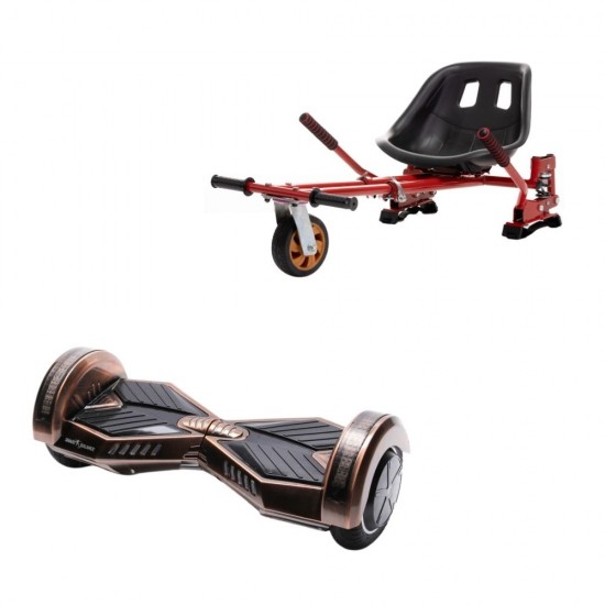 Set Hoverboard cu Scaun, Hoverkart Rosu cu Suspensii Duble, Boxe Bluetooth, Lumini LED si Auto Balans, roti 6.5'', 15km Autonomie, Putere 700W, Baterie 4Ah Samsung Cell, Smart Balance Transformers Iron