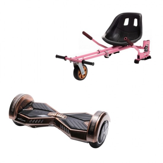 Set Hoverboard cu Scaun, Hoverkart Roz cu Suspensii Duble, Boxe Bluetooth, Lumini LED si Auto Balans, roti 8'', 15km Autonomie, Putere 700W, Baterie 4Ah Samsung Cell, Smart Balance Transformers Iron 