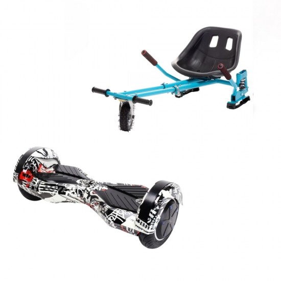 Set Hoverboard cu Scaun, Hoverkart Albastru cu Suspensii Duble, Boxe Bluetooth, Lumini LED si Auto Balans, roti 8'', 15km Autonomie, Putere 700W, Baterie 4Ah Samsung Cell, Smart Balance Transformers Last Dead 