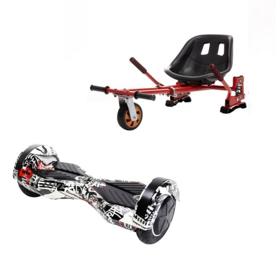 Set Hoverboard cu Scaun, Hoverkart Rosu cu Suspensii Duble, Boxe Bluetooth, Lumini LED si Auto Balans, roti 8'', 15km Autonomie, Putere 700W, Baterie 4Ah Samsung Cell, Smart Balance Transformers Last Dead 