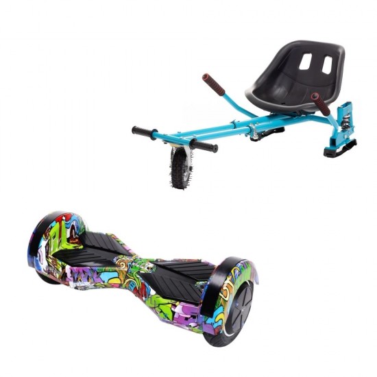 Set Hoverboard cu Scaun, Hoverkart Albastru cu Suspensii Duble, Boxe Bluetooth, Lumini LED si Auto Balans, roti 6.5'', 15km Autonomie, Putere 700W, Baterie 4Ah Samsung Cell, Smart Balance Transformers Multicolor