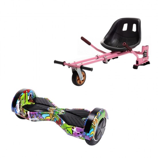 Set Hoverboard cu Scaun, Hoverkart Roz cu Suspensii Duble, Boxe Bluetooth, Lumini LED si Auto Balans, roti 8'', 15km Autonomie, Putere 700W, Baterie 4Ah Samsung Cell, Smart Balance Transformers Multicolor 