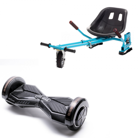 Set Hoverboard cu Scaun, Hoverkart Albastru cu Suspensii Duble, Boxe Bluetooth, Lumini LED si Auto Balans, roti 6.5'', 15km Autonomie, Putere 700W, Baterie 4Ah Samsung Cell, Smart Balance Transformers Carbon