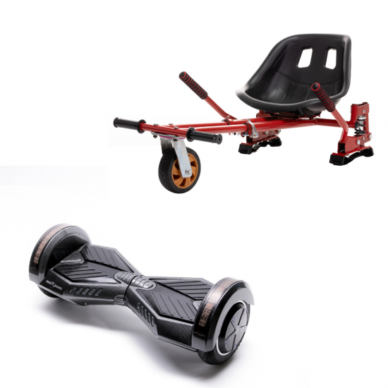 Set Hoverboard cu Scaun, Hoverkart Rosu cu Suspensii Duble, Boxe Bluetooth, Lumini LED si Auto Balans, roti 6.5'', 15km Autonomie, Putere 700W, Baterie 4Ah Samsung Cell, Smart Balance Transformers Carbon