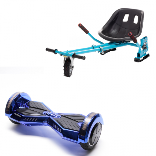 Set Hoverboard cu Scaun, Hoverkart Albastru cu Suspensii Duble, Boxe Bluetooth, Lumini LED si Auto Balans, roti 8'', 15km Autonomie, Putere 700W, Baterie 4Ah Samsung Cell, Smart Balance Transformers ElectroBlue 