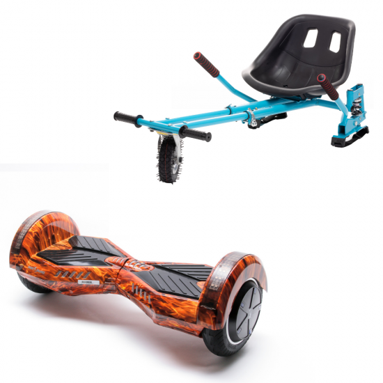 Set Hoverboard cu Scaun, Hoverkart Albastru cu Suspensii Duble, Boxe Bluetooth, Lumini LED si Auto Balans, roti 8'', 15km Autonomie, Putere 700W, Baterie 4Ah Samsung Cell, Smart Balance Transformers Flame 