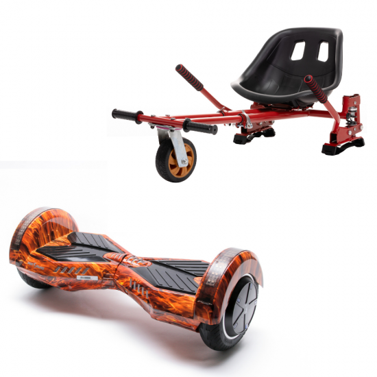 Set Hoverboard cu Scaun, Hoverkart Rosu cu Suspensii Duble, Boxe Bluetooth, Lumini LED si Auto Balans, roti 6.5'', 15km Autonomie, Putere 700W, Baterie 4Ah Samsung Cell, Smart Balance Transformers Flame