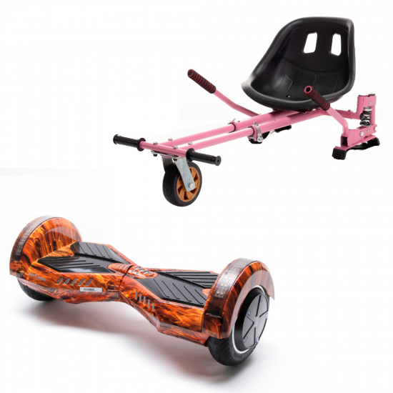 Set Hoverboard cu Scaun, Hoverkart Roz cu Suspensii Duble, Boxe Bluetooth, Lumini LED si Auto Balans, roti 6.5'', 15km Autonomie, Putere 700W, Baterie 4Ah Samsung Cell, Smart Balance Transformers Flame