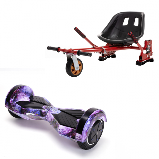 Set Hoverboard cu Scaun, Hoverkart Rosu cu Suspensii Duble, Boxe Bluetooth, Lumini LED si Auto Balans, roti 8'', 15km Autonomie, Putere 700W, Baterie 4Ah Samsung Cell, Smart Balance Transformers Galaxy 