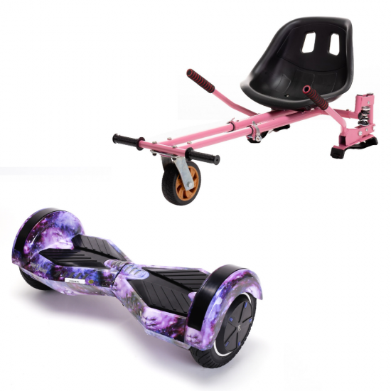 Set Hoverboard cu Scaun, Hoverkart Roz cu Suspensii Duble, Boxe Bluetooth, Lumini LED si Auto Balans, roti 8'', 15km Autonomie, Putere 700W, Baterie 4Ah Samsung Cell, Smart Balance Transformers Galaxy 