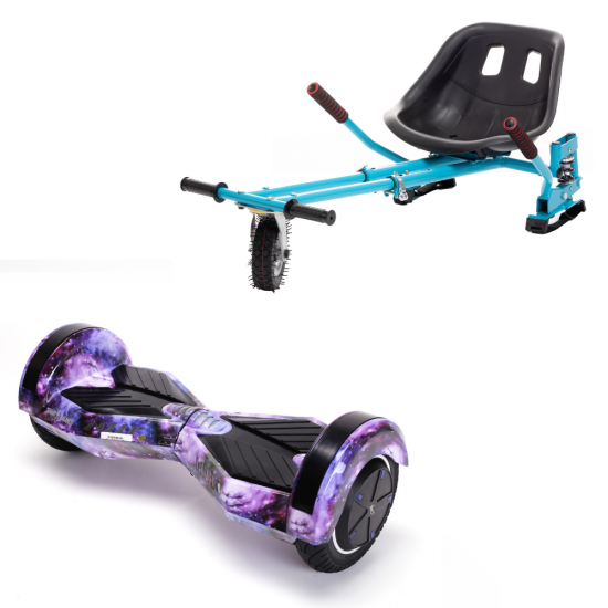 Set Hoverboard cu Scaun, Hoverkart Albastru cu Suspensii Duble, Boxe Bluetooth, Lumini LED si Auto Balans, roti 8'', 15km Autonomie, Putere 700W, Baterie 4Ah Samsung Cell, Smart Balance Transformers Galaxy 