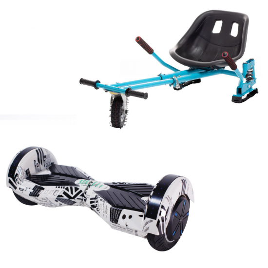 Set Hoverboard cu Scaun, Hoverkart Albastru cu Suspensii Duble, Boxe Bluetooth, Lumini LED si Auto Balans, roti 6.5'', 15km Autonomie, Putere 700W, Baterie 4Ah Samsung Cell, Smart Balance Transformers NewsPaper