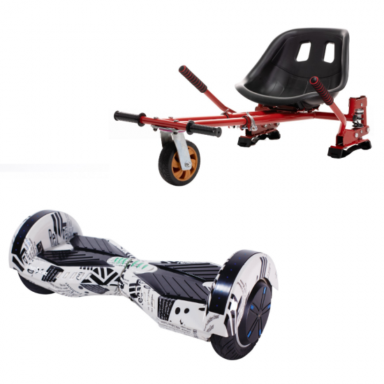 Set Hoverboard cu Scaun, Hoverkart Rosu cu Suspensii Duble, Boxe Bluetooth, Lumini LED si Auto Balans, roti 8'', 15km Autonomie, Putere 700W, Baterie 4Ah Samsung Cell, Smart Balance Transformers NewsPaper 