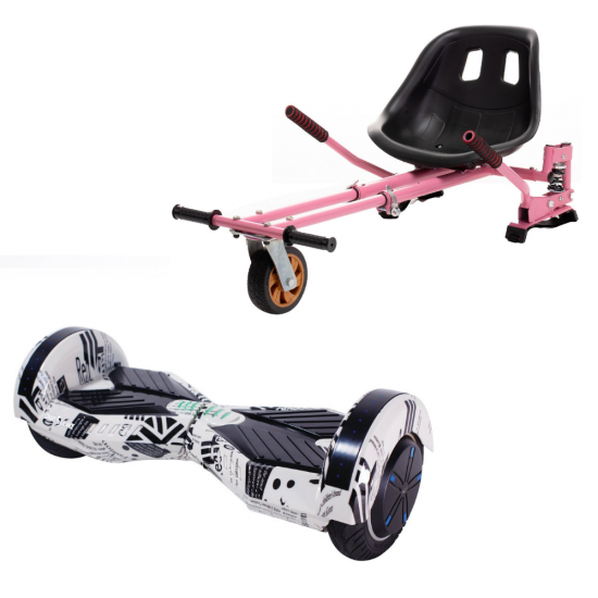 Set Hoverboard cu Scaun, Hoverkart Roz cu Suspensii Duble, Boxe Bluetooth, Lumini LED si Auto Balans, roti 6.5'', 15km Autonomie, Putere 700W, Baterie 4Ah Samsung Cell, Smart Balance Transformers NewsPaper