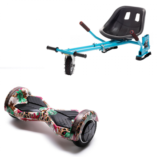 Set Hoverboard cu Scaun, Hoverkart Albastru cu Suspensii Duble, Boxe Bluetooth, Lumini LED si Auto Balans, roti 8'', 15km Autonomie, Putere 700W, Baterie 4Ah Samsung Cell, Smart Balance Transformers SkullColor 