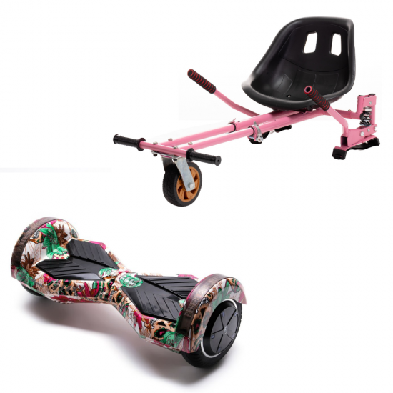 Set Hoverboard cu Scaun, Hoverkart Roz cu Suspensii Duble, Boxe Bluetooth, Lumini LED si Auto Balans, roti 8'', 15km Autonomie, Putere 700W, Baterie 4Ah Samsung Cell, Smart Balance Transformers SkullColor 