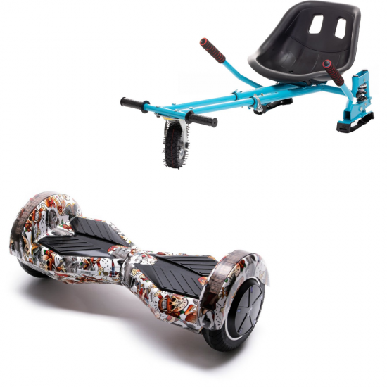 Set Hoverboard cu Scaun, Hoverkart Albastru cu Suspensii Duble, Boxe Bluetooth, Lumini LED si Auto Balans, roti 6.5'', 15km Autonomie, Putere 700W, Baterie 4Ah Samsung Cell, Smart Balance Transformers Tattoo