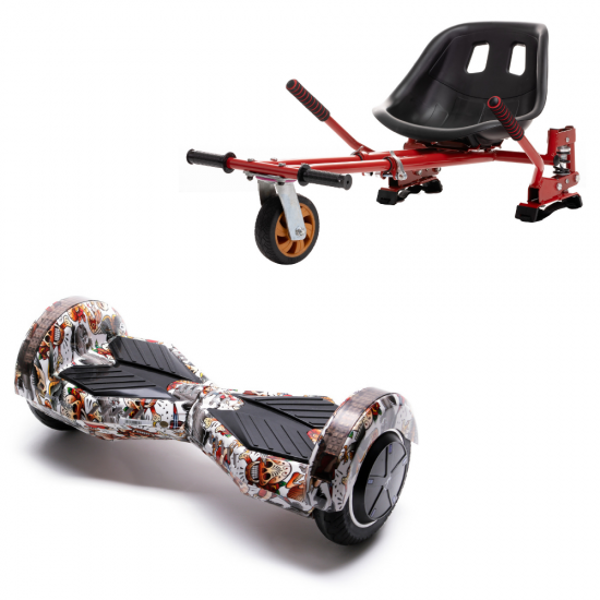 Set Hoverboard cu Scaun, Hoverkart Rosu cu Suspensii Duble, Boxe Bluetooth, Lumini LED si Auto Balans, roti 8'', 15km Autonomie, Putere 700W, Baterie 4Ah Samsung Cell, Smart Balance Transformers Tattoo 