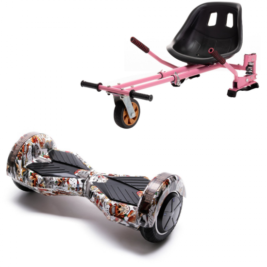 Set Hoverboard cu Scaun, Hoverkart Roz cu Suspensii Duble, Boxe Bluetooth, Lumini LED si Auto Balans, roti 8'', 15km Autonomie, Putere 700W, Baterie 4Ah Samsung Cell, Smart Balance Transformers Tattoo 