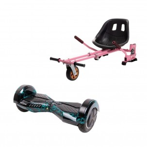Set Hoverboard cu Scaun, Hoverkart Roz cu Suspensii Duble, Boxe Bluetooth, Lumini LED si Auto Balans, roti 6.5'', 15km Autonomie, Putere 700W, Baterie 4Ah Samsung Cell, Smart Balance Transformers Thunderstorm Blue