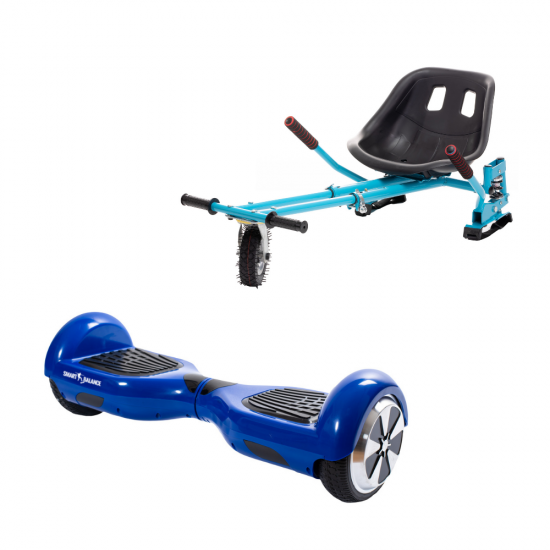 Set Hoverboard cu Scaun, Hoverkart Albastru cu Suspensii Duble, Boxe Bluetooth, Lumini LED si Auto Balans, roti 6.5'', 15km Autonomie, Putere 700W, Baterie 4Ah Samsung Cell, Smart Balance Regular Blue PowerBoard