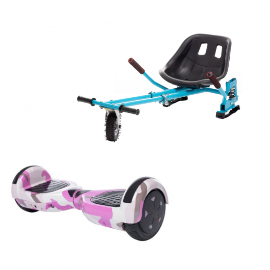 Set Hoverboard cu Scaun, Hoverkart Albastru cu Suspensii Duble, Boxe Bluetooth, Lumini LED si Auto Balans, roti 6.5'', 15km Autonomie, Putere 700W, Baterie 4Ah Samsung Cell, Smart Balance Regular Camouflage Pink cu maner