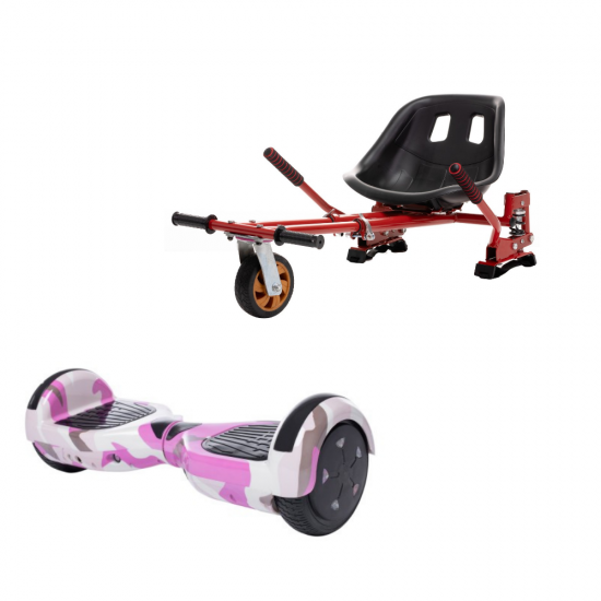 Set Hoverboard cu Scaun, Hoverkart Rosu cu Suspensii Duble, Boxe Bluetooth, Lumini LED si Auto Balans, roti 6.5'', 15km Autonomie, Putere 700W, Baterie 4Ah Samsung Cell, Smart Balance Regular Camouflage Pink